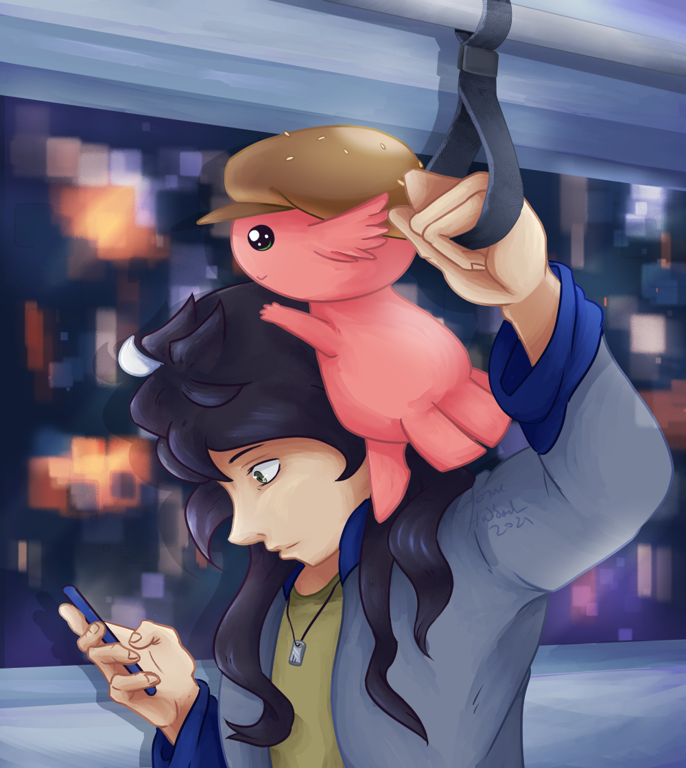Cathal on a train, holding onto a hand grip with Ebiburgermon on his shoulder.  Cathal is on his phone.